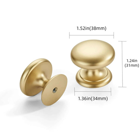 Two Pack Brushed Gold Cabinet Knobs 1-1/2 Inch Zinc Alloy with installation screws, showing dimensions on white background