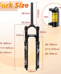 Diagram of Air MTB Suspension Fork With Rebound Adjustment For 26 27.5 29 Wheels, 120mm Travel, with size measurements.