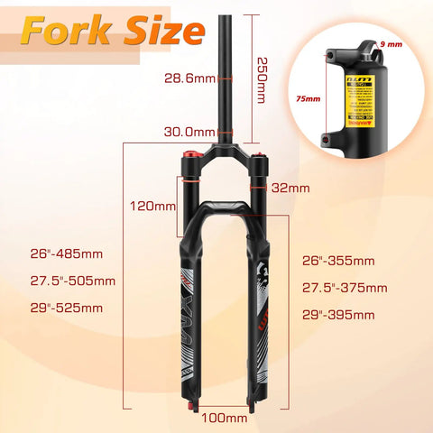 Diagram of Air MTB Suspension Fork With Rebound Adjustment For 26 27.5 29 Wheels, 120mm Travel, with size measurements.