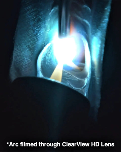 Welding arc seen through Auto Darkening Welding Lens With ClearView HD Version 3 Point 0 Digital Controls Shade 8 To 13.