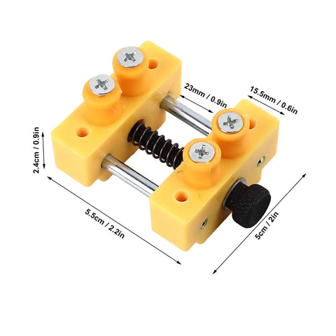 Mini Table Vise Clamp Drill Press Jig for Small Projects with measurements and screws detail