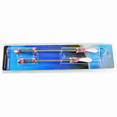 OMNI Racer pink stainless-alloy quick-release wheel skewers, set of 2 in blister packaging.