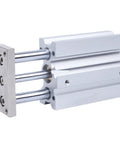 Real Deal Compact Pneumatic Air Cylinder With Slide Bearing For Smooth Linear Travel In Industrial Automation Built Tough, close-up angle showing aluminum body and linear rods.