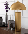 27 Inch Tall Brass Table Lamp With Metal Dome Shade For Nightstand Or Desk on wood surface, modern decor