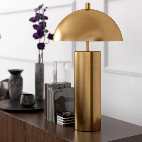 27 Inch Tall Brass Table Lamp With Metal Dome Shade For Nightstand Or Desk on wood surface, modern decor