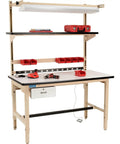Kickass Heavy Duty Adjustable Height Workbench With Esd Protected Laminate Top Sixty Inch By Thirty Inch Shop Rig built with overhead shelves and tool storage.