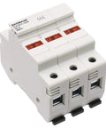 3 Pole Cylindrical Fuse Holder With LED Indicator For 10 X 38 mm Fuses, 32 Amp 690 VAC, 35mm DIN Rail Mount, Supports 18 AWG To 8 AWG