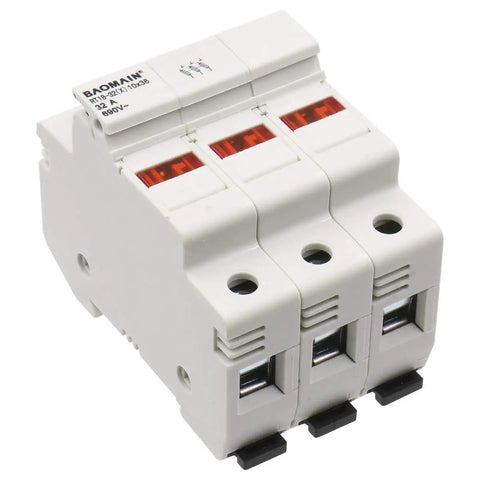 3 Pole Cylindrical Fuse Holder With LED Indicator For 10 X 38 mm Fuses, 32 Amp 690 VAC, 35mm DIN Rail Mount, Supports 18 AWG To 8 AWG