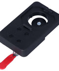 Front view of 35mm hinge boring jig kit with black plastic body and red lever, drill guide for cabinet hinges