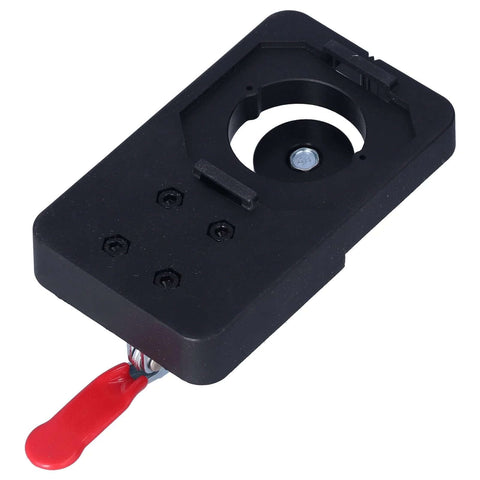 Front view of 35mm hinge boring jig kit with black plastic body and red lever, drill guide for cabinet hinges