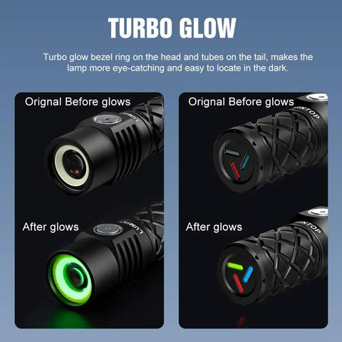 Compact Rechargeable LEP Flashlight That Is A Real Workhorse With 700 Meter Range And Triple Light Sources White Beam COB Flood Red Light And SOS USB C Charging IPX11 Waterproof 550 Lumens For Outdoor Adventures with glowing bezel ring.