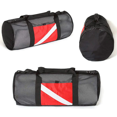 Massive 32 Inch Mesh Scuba Gear Duffel With Detachable Shoulder Strap in black mesh with red diagonal stripe design.
