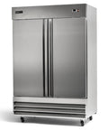 Heavy Duty Commercial 2 Door Stainless Steel Freezer 47 Cubic Feet Capacity 54 Inch Wide, front view, stainless steel finish, adjustable shelves.