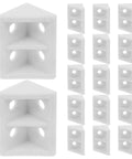 White Plastic Corner Brackets 20-Pack, 90-Degree Shelf Supports With Four-Hole Design shown with multiple brackets
