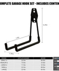 Close-up of complete garage hook set, featuring black large square hook, dimensions 7.4x2.36 inches, suitable for wall storage.