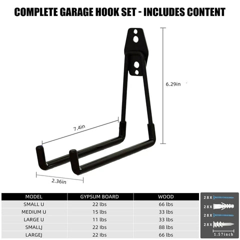 Close-up of complete garage hook set, featuring black large square hook, dimensions 7.4x2.36 inches, suitable for wall storage.