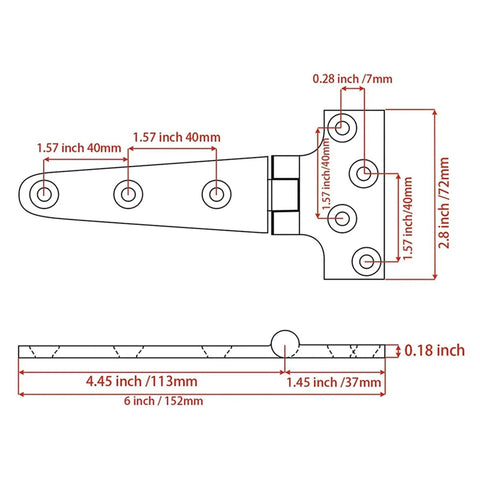 Technical drawing of Marine Grade 316 Stainless Steel T Shaped Thickened Hinges For Cabinets And Doors, dimensions labeled.