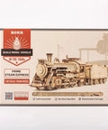 Packaging of ROKR steam express 1:80 scale train model, self-assemble with no glue, showcasing detailed vintage train illustration.