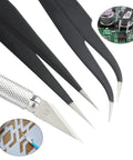 Close-up of tweezers and a precision knife from Pro Grade 8 Piece Model Tools Kit For Gundam And Car Models, showing fine tips and blade.