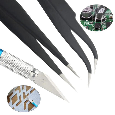 Close-up of tweezers and a precision knife from Pro Grade 8 Piece Model Tools Kit For Gundam And Car Models, showing fine tips and blade.