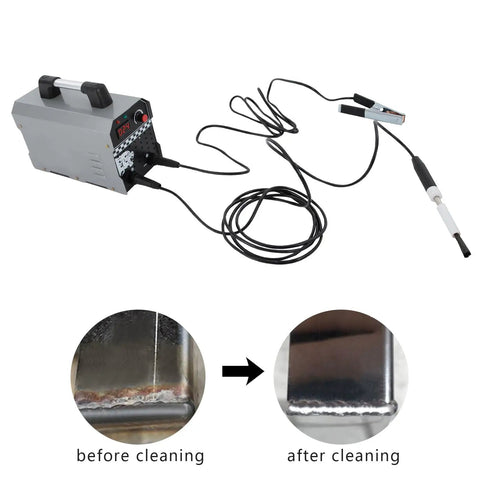 All In One 1000W Stainless Steel Weld Bead Processor And Arc Welder Kit showing before and after weld cleaning results.