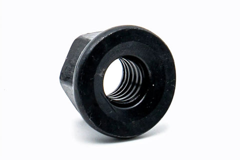 Six Piece Steel Flanged Nut Set Three Eighths Sixteen Threads Black Oxide Finish Heat Treated For Heavy Duty Automotive And Machinery Projects Great For Auto Repair Installation And Heavy Equipment Builds. Black flanged nut, 3/8-16 threads, heat-treated steel.