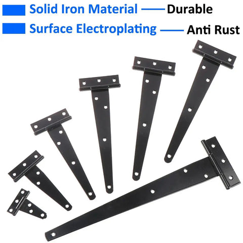 Heavy Duty T Shaped Hinges Pack Of 3 12 Inch Black Metal Foldable Gate Hardware For Garden Shed And Barn Doors Rust Proof Weather Resistant with multiple sizes.