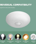 Real Deal Hardwired Pir Ceiling Motion Sensor Switch With 360 Degree Sweep And Auto Light Controls For Easy Peasy Installation And Smooth Operation In Retail Spaces And Warehouses, universal compatibility with various bulbs shown.