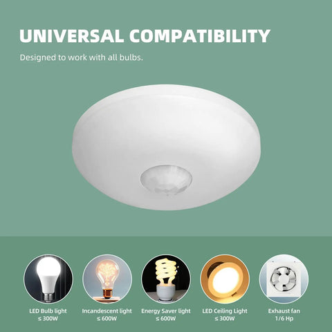 Real Deal Hardwired Pir Ceiling Motion Sensor Switch With 360 Degree Sweep And Auto Light Controls For Easy Peasy Installation And Smooth Operation In Retail Spaces And Warehouses, universal compatibility with various bulbs shown.