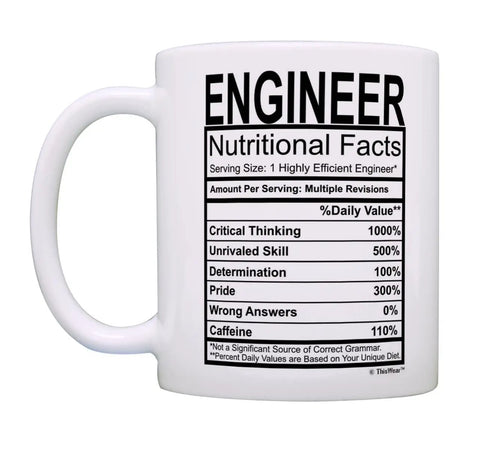 Funny Engineer Mug Gift for Men With Nutritional Facts Label Civil Engineer 11oz Ceramic Coffee Cup Perfect Gag Gift for Engineers