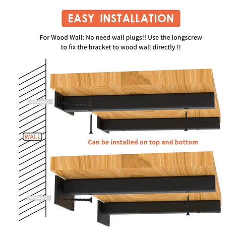 Installation guide for Heavy Duty 8 Inch Floating Shelf Brackets Wall Mounted Metal Supports with screws for wood wall.