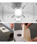 Heavy Duty Aluminum Router Table Insert Plate With Hella Precise Depth Marks And Four Caliber Sizes For Dead Straight Woodworking Trimming Over Any Shop Bench Project, top view showing detailed depth marks.