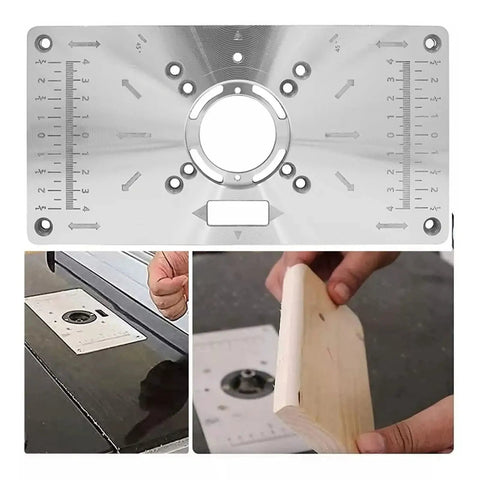 Heavy Duty Aluminum Router Table Insert Plate With Hella Precise Depth Marks And Four Caliber Sizes For Dead Straight Woodworking Trimming Over Any Shop Bench Project, top view showing detailed depth marks.
