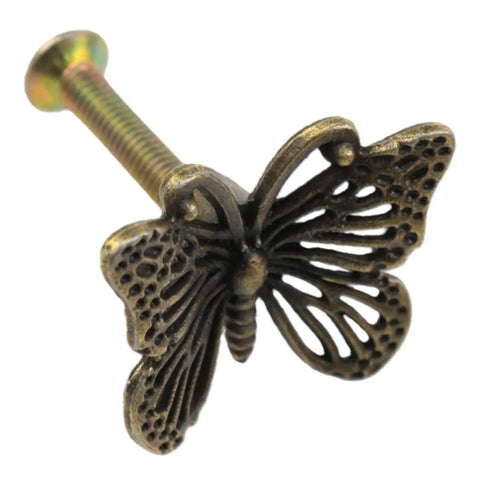 Close-up of a Butterfly Drawer Handles Set Zinc Alloy Bronze Colored 12 Pcs Decorative Knobs For Vintage Dressers Wardrobes Jewelry Boxes Bedside Tables And Other Furniture Hardware, showing detailed butterfly design and screw attachment.