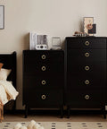 12 Pieces Solid Brass Ring Pull Handles For Dresser Cabinets with Brushed Gold Finish on Black Wooden Furniture