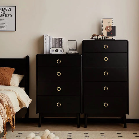12 Pieces Solid Brass Ring Pull Handles For Dresser Cabinets with Brushed Gold Finish on Black Wooden Furniture
