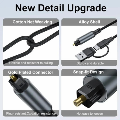USB A And Usb Type C To Optical Fiber Audio Cable Converter Plug And Go Toslink Digital Sound Adaptor with gold plated connector and braided nylon cord