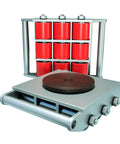 Rock Solid Heavy Duty Equipment Dolly With Multi Directional Roller Skates showing red polyurethane wheels and strong steel base for heavy load shifting.