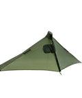 Gatewood Cape Ultralight 11 Oz Backpacking Tarp Shelter And Poncho Canopy in green, set up as a solo tarp shelter, side view