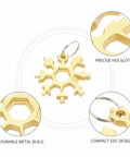Snowflake-Shaped Compact Multi Tool Wrench for Eyewear, Bike, and Camping Repairs, Metal EDC Hex Key Set shown in gold metal