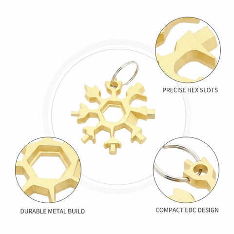Snowflake-Shaped Compact Multi Tool Wrench for Eyewear, Bike, and Camping Repairs, Metal EDC Hex Key Set shown in gold metal