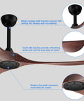 Big 60 Inch Outdoor Ceiling Fan With Remote Control, Reversible DC Motor, Walnut Finish With Black Accents, Blade and Motor Details