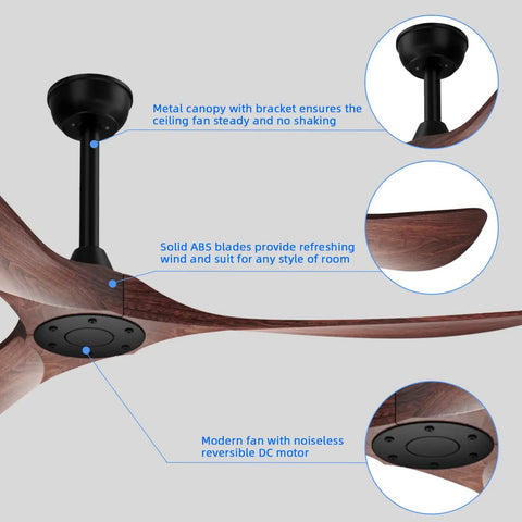 Big 60 Inch Outdoor Ceiling Fan With Remote Control, Reversible DC Motor, Walnut Finish With Black Accents, Blade and Motor Details