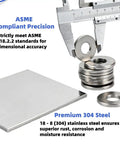 Top Notch 55 Piece 7/16 Inch Flat Washers Made From Gnarly 18-8 Stainless Steel For Serious Rust And Corrosion Proof Fastening Jobs On Cars Or Construction Sites Right Now, detailed image showing precision measurement tool and washers.