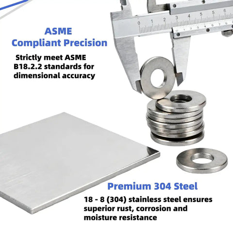 Top Notch 55 Piece 7/16 Inch Flat Washers Made From Gnarly 18-8 Stainless Steel For Serious Rust And Corrosion Proof Fastening Jobs On Cars Or Construction Sites Right Now, detailed image showing precision measurement tool and washers.