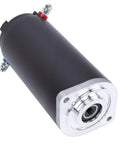 RV leveling hydraulic pump motor with black cylindrical body and silver end cap; top red port, side blue port