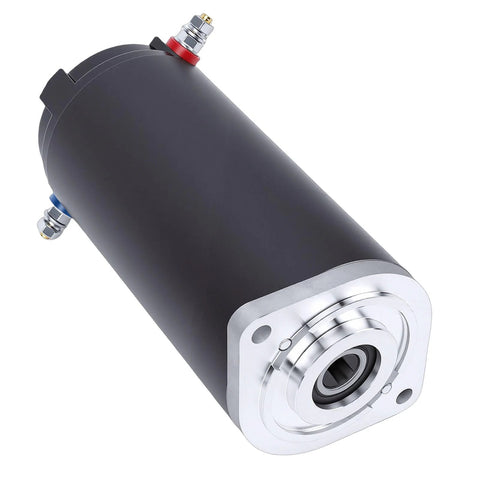 RV leveling hydraulic pump motor with black cylindrical body and silver end cap; top red port, side blue port