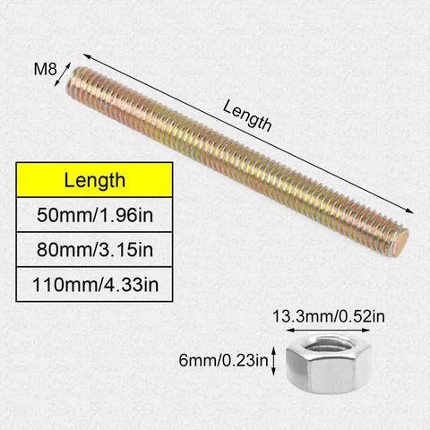 Straight Up Reliable M8 Metal Tabletop Fasteners And Countertop Block Connectors With Half Moon Nuts And Hex Bolt Screws For Rock Solid DIY Furniture Assembly And Workshop Projects Pack Of Ten Pieces showing M8 hex bolt and dimensions.