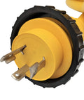 Close-up of RV Shore Power Extension Cord 50 Ft L5-30 Twist Lock 30A plug with nickel-plated brass pins and seal collar