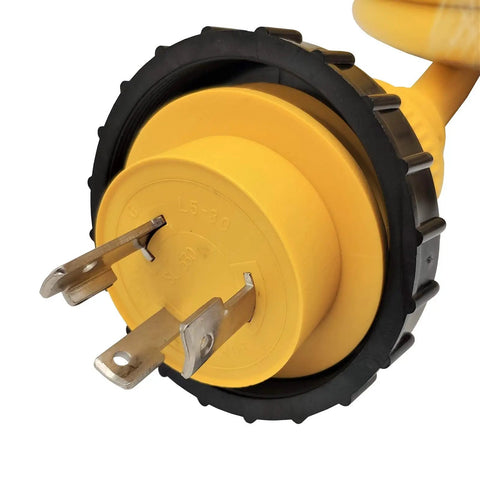 Close-up of RV Shore Power Extension Cord 50 Ft L5-30 Twist Lock 30A plug with nickel-plated brass pins and seal collar